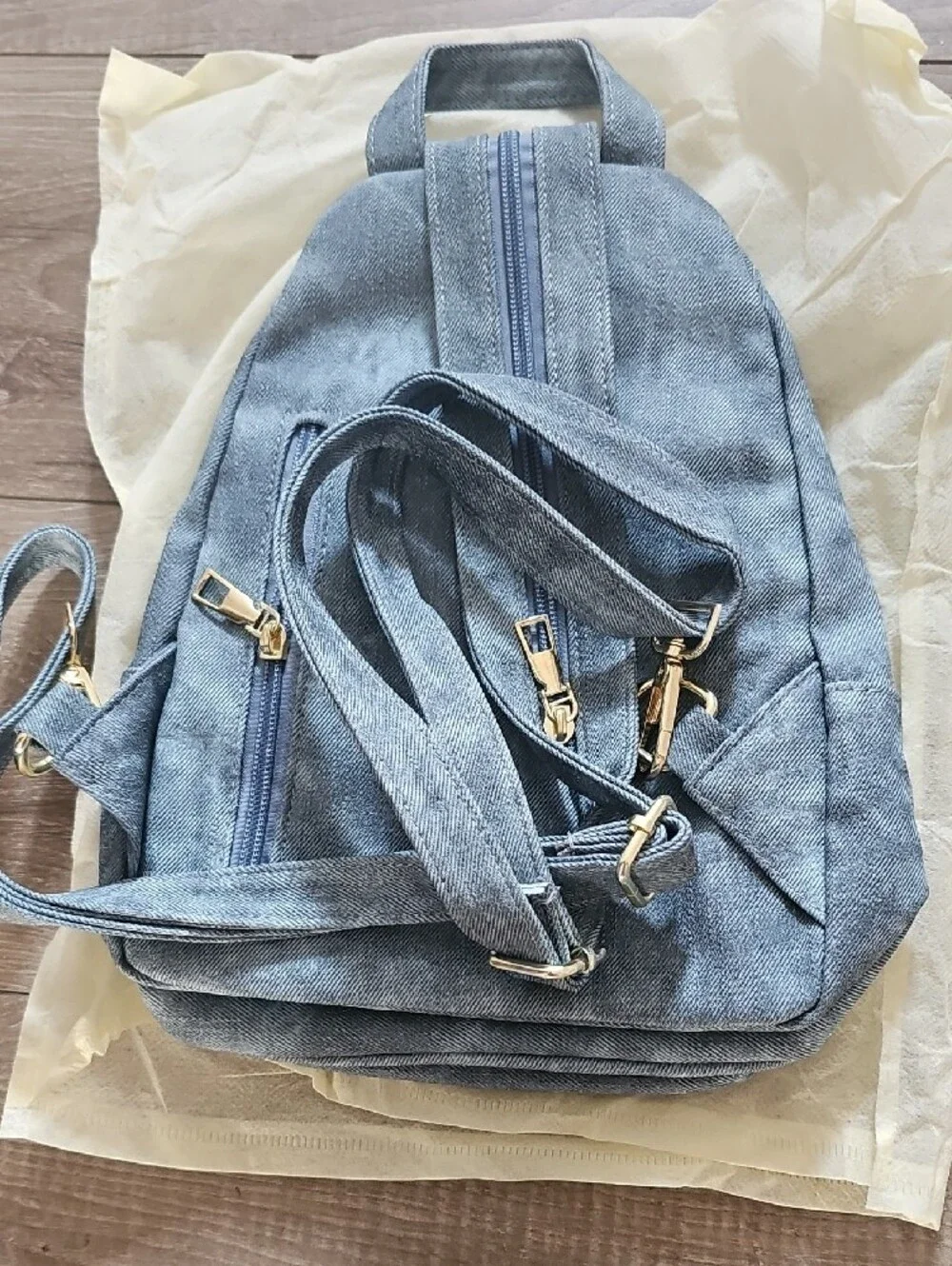 Light Blue Denim Mini Backpack with Gold Zippers